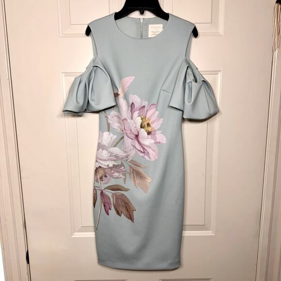 TED BAKER BODYCON FLORAL DRESS SLEEVELESS DROP SLEEVES WOMEN’S SIZE 0 (US 2) - Picture 1 of 8